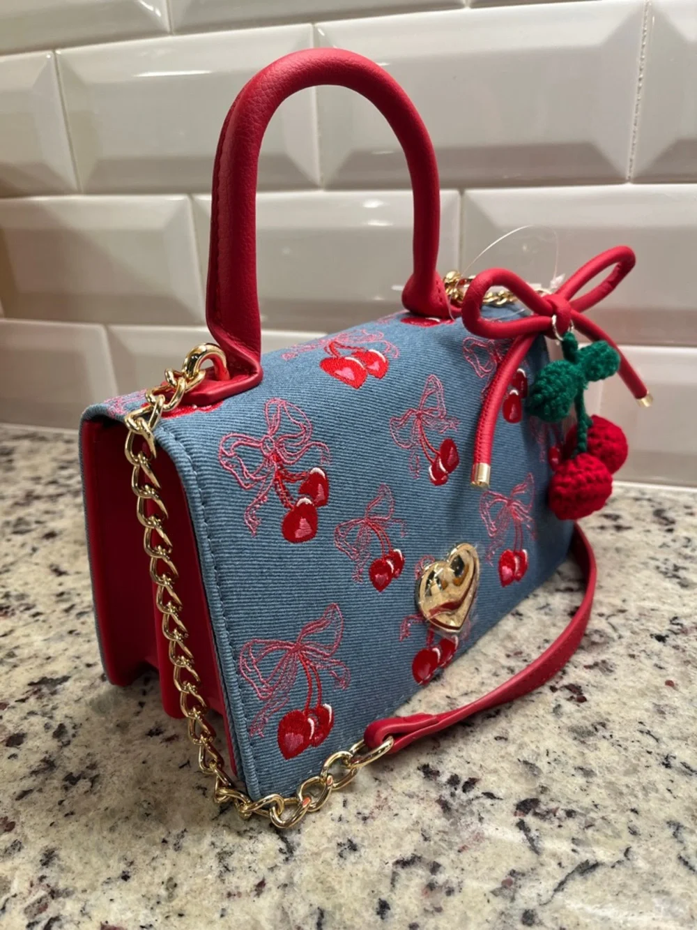 Betsy Johnson Cherry Denim Kitsch Crossbody Bag NWT - Picture 5 of 12